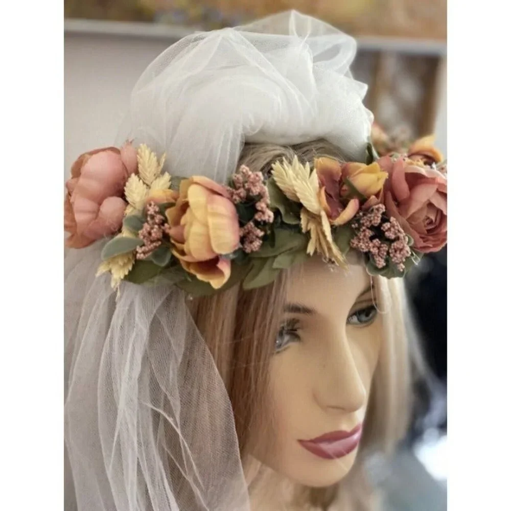 Vintage Bridal Wedding Hair Accessory Crown Earth Tones Boho Unique Handmade 70s